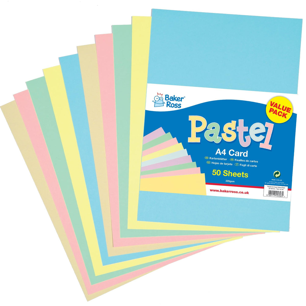 Baker Ross A4 Pastellfarbener Karton - 50 Blatt, 220 g/m² zum Basteln und Dekorieren