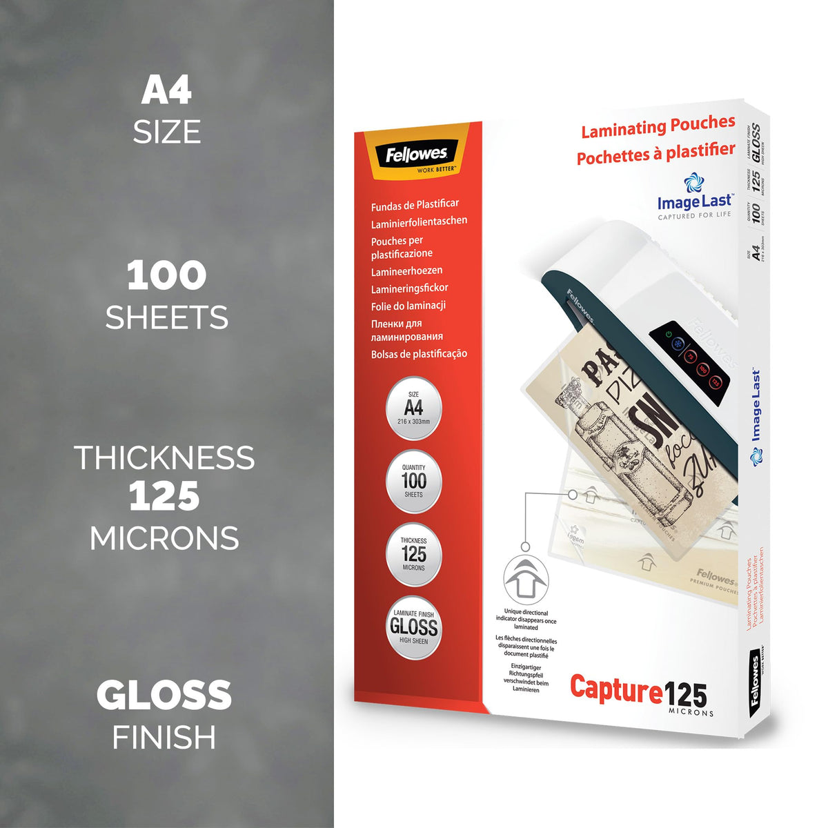 Fellowes A4 Laminating Pouches - 250 Micron (2 x 125 Micron) Gloss Finish | 100 Count
