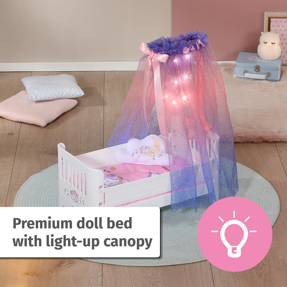 Baby Annabell Sweet Dreams Bed - Light-Up Canopy with Lullaby & Bedding Set