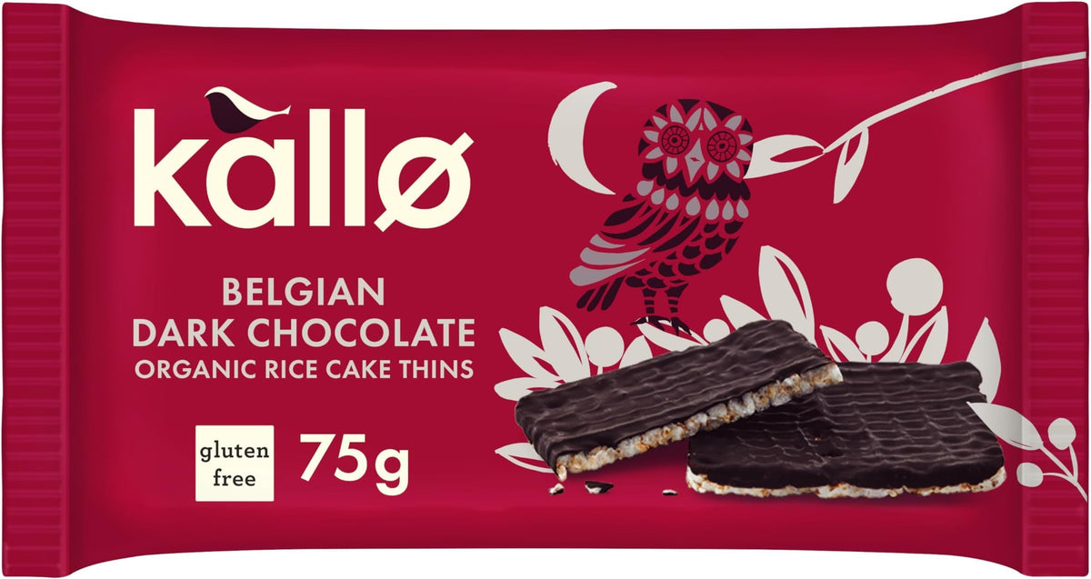 Kallo Organic Rice Cake Thins with Belgian Dark Chocolate - Gluten Free, 75g, Pack of 6