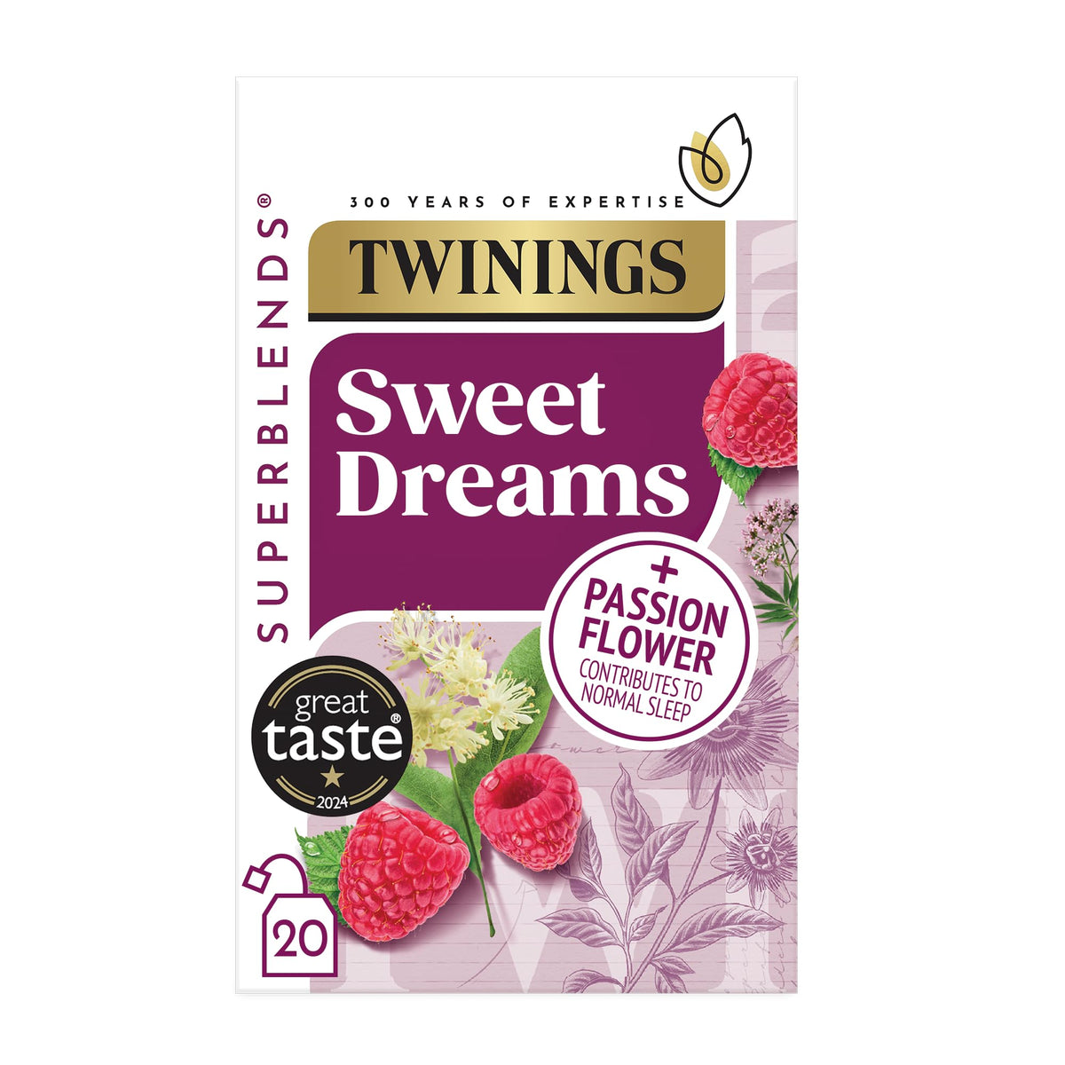 Twinings Superblends Sweet Dreams Kräutertee – Himbeere, Passionsblume und Baldrianwurzel, 20 biologisch abbaubare Teebeutel