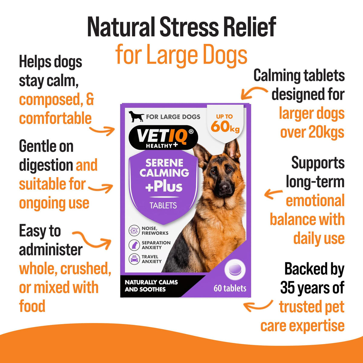 Comprimés VETIQ Serene Calming Plus+ pour grands chiens (60 unités) | Soulagement du stress et de l'anxiété | Ingrédients naturels